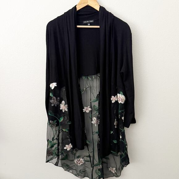 KIM & CAMI | Black Floral Print Open Front Drape Cardigan Sheer White | Large - Picture 1 of 7
